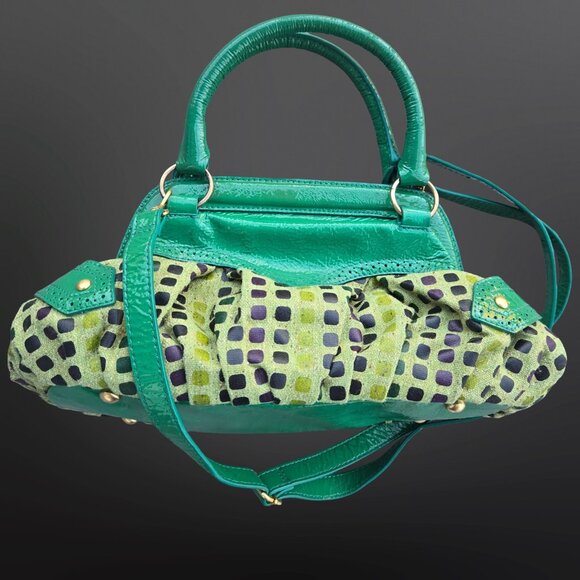 Y2K Matteo Mio Green Top Handle Bag With Bow Mcbling Fairy Faux Leather Canvas - Picture 6 of 10